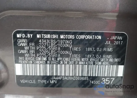 2017 Mitsubishi Outlander Sport 2.0 Es/2.0 Le z USA, uszkodzony, nr VIN JA4AP3AUXHZ069685